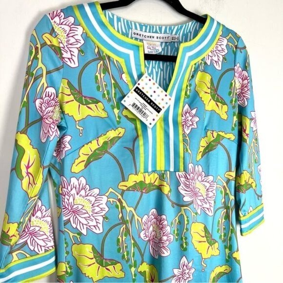 Gretchen Scott Designs Split Neck Jersey Dress Size XS Mystic Garden Turquoise - Picture 9 of 10